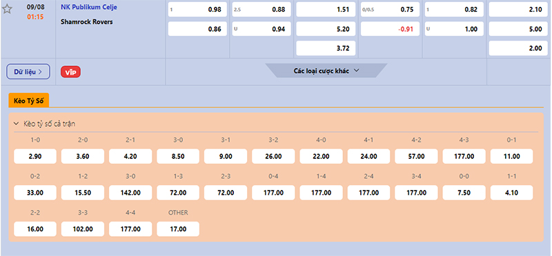 Thông tin bảng tỷ lệ kèo bóng đá Celje vs Shamrock