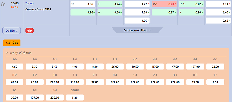 Thông tin bảng tỷ lệ kèo bóng đá Torino vs Cosenza