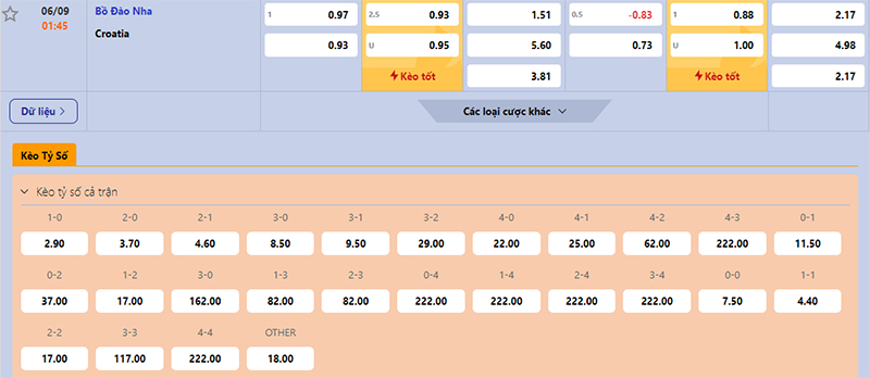 Thông tin bảng tỷ lệ kèo bóng đá Bồ Đào Nha vs Croatia